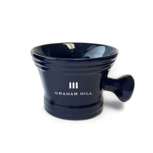 Dunkelblaue GRAHAM HILL SHAVING BOWL aus Porzellan mit seitlichem Griff und weissem Markenlogo.