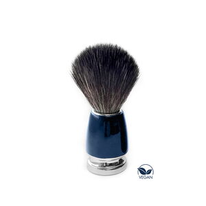 Veganer GRAHAM HILL SHAVING BRUSH mit dunklen synthetischen Borsten und preussenblauem Edelharzgriff mit silberfarbenem Fuss.