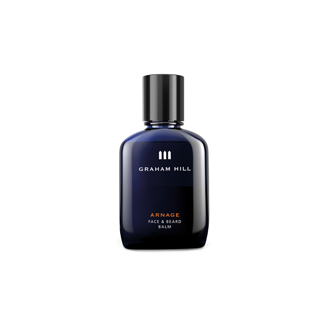 GRAHAM HILL ARNAGE Face & Beard Balm in dunkelblauer Flasche mit schwarzem Verschluss