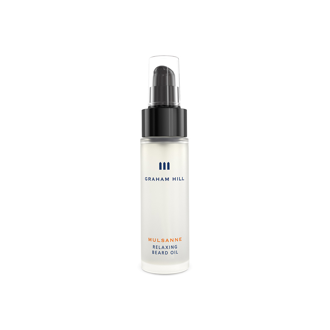 GRAHAM HILL MULSANNE Relaxing Beard Oil in heller Pumpflasche mit schwarzem Spender