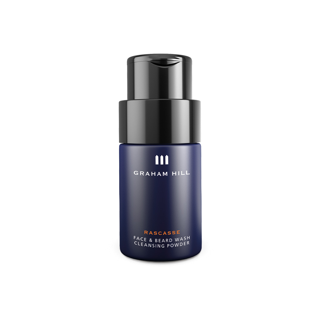 GRAHAM HILL RASCASSE Face & Beard Wash Cleansing Powder in dunkelblauer Spenderflasche